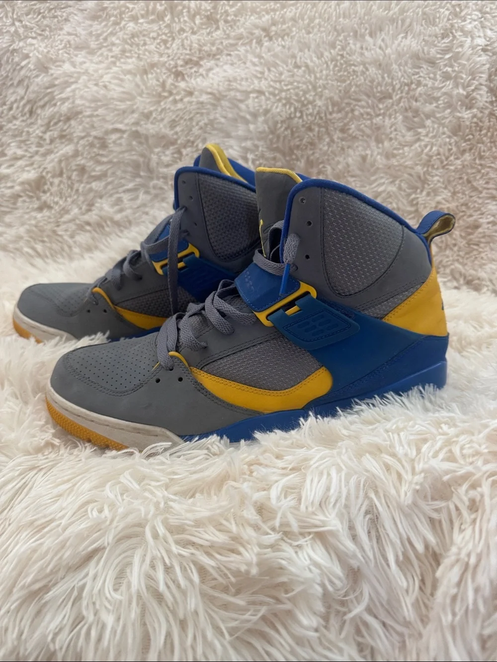 Jordan Flight 45 High Laney High-Top Sneakers in Gray, Blue & Yellow